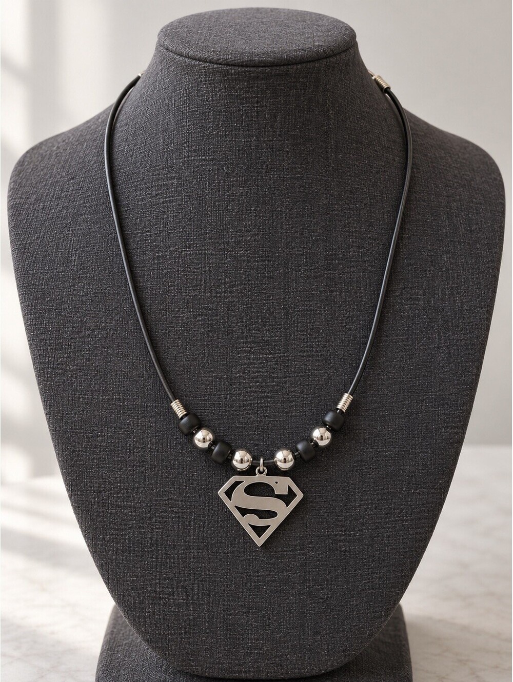 Superman S Shield Necklace Black Cord Silver Tone Pendant DC Marked